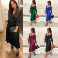 C4193  Women sexy long dress solid color off shoulder ruffles fashion dress wholesale women clothing